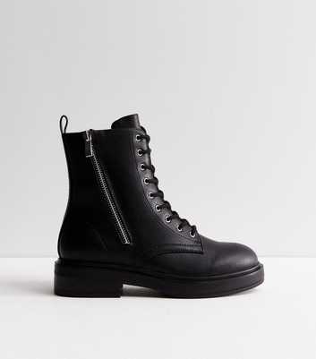 Black Leather-Look Lace Up Chunky Biker Boots