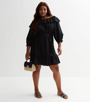 Curves Black Frill Bardot 3 4 Sleeve Mini Dress New Look