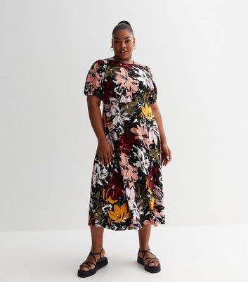 Curves Black Floral Midi Dress New Look