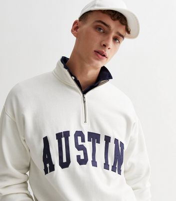Men's Off White Austin Logo Zip Neck Sweatshirt New Look