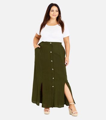 Evans Curves Khaki Button Front Maxi Skirt New Look