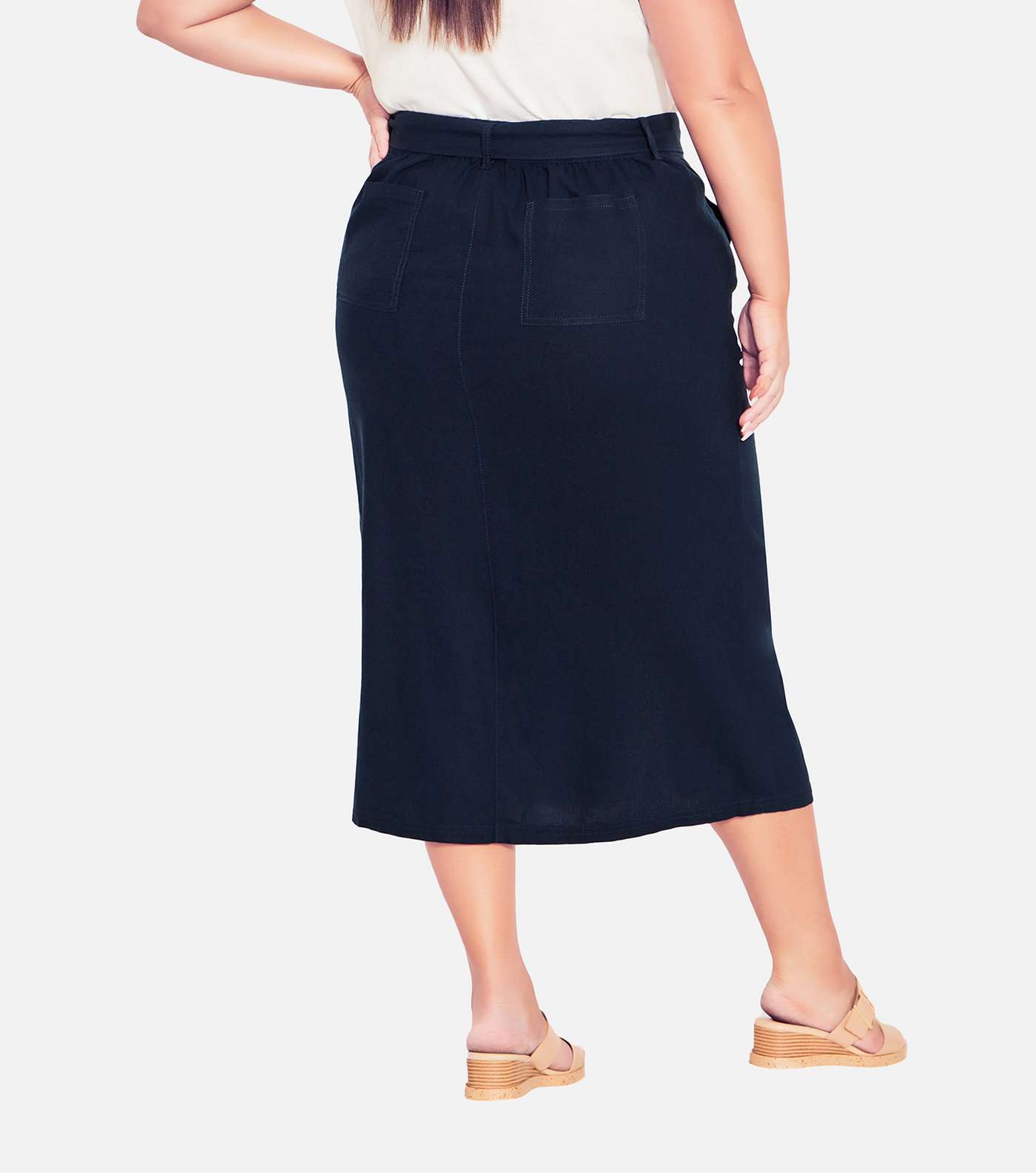 Evans Curves Navy Linen Blend Midi Skirt Image 3
