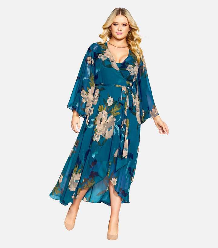 City Chic Blue Floral Print Wrap Dress