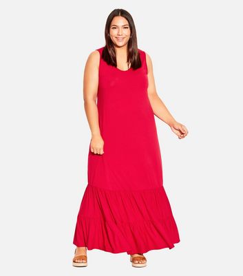 Evans Curves Red Tiered Hem Maxi Smock Dress New Look