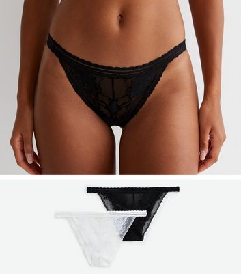 2 Pack Black and White Lace Tanga Briefs New Look