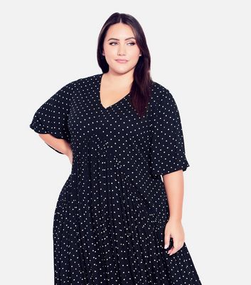 Evans Curves Black Spot Dip Hem Maxi Dress New Look