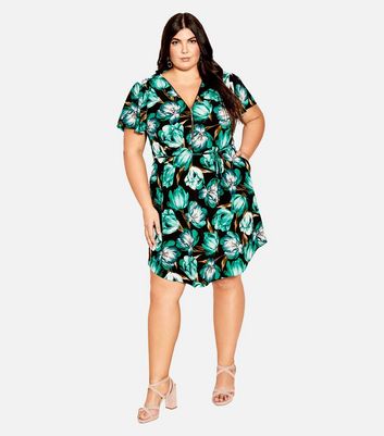 City Chic Curves Black Floral Zip Mini Dress New Look