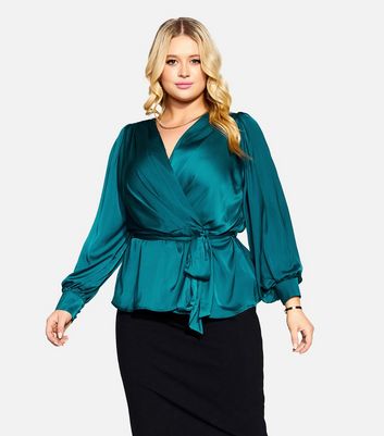 City Chic Curves Green Satin Wrap Top New Look