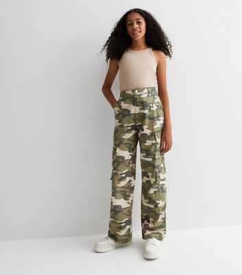 Girls Green Cotton Camo Print Cuffed Cargo Trousers