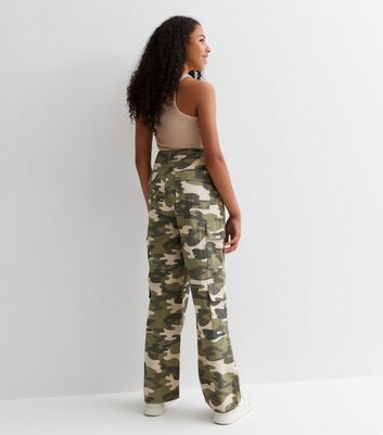 Girls Green Cotton Camo Print Cuffed Cargo Trousers | New Look