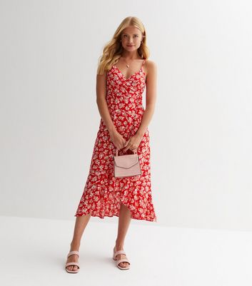 Red Floral Strappy Wrap Midaxi Dress New Look