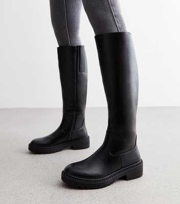 Black Leather-Look Chunky Knee High Boots