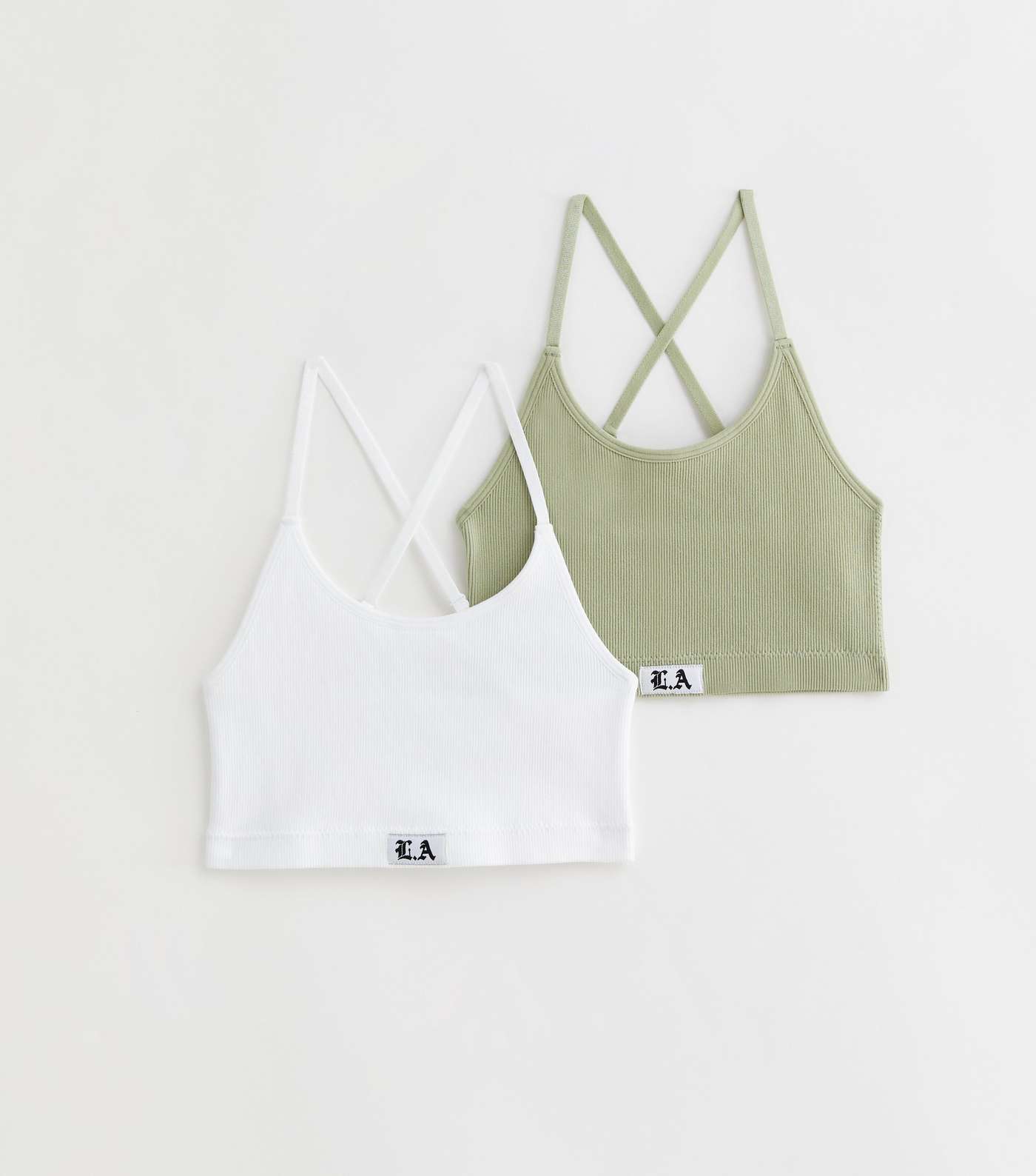 Girls 2 Pack Khaki and White Ribbed Seamless Crop Tops