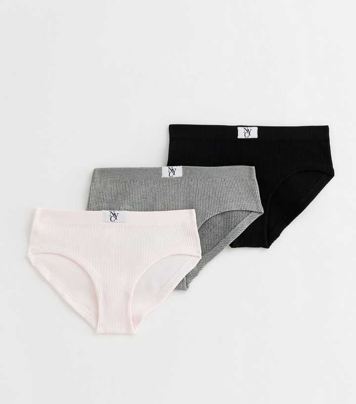 Girls 3 Pack White Grey and Black Seamless Tab Front Briefs