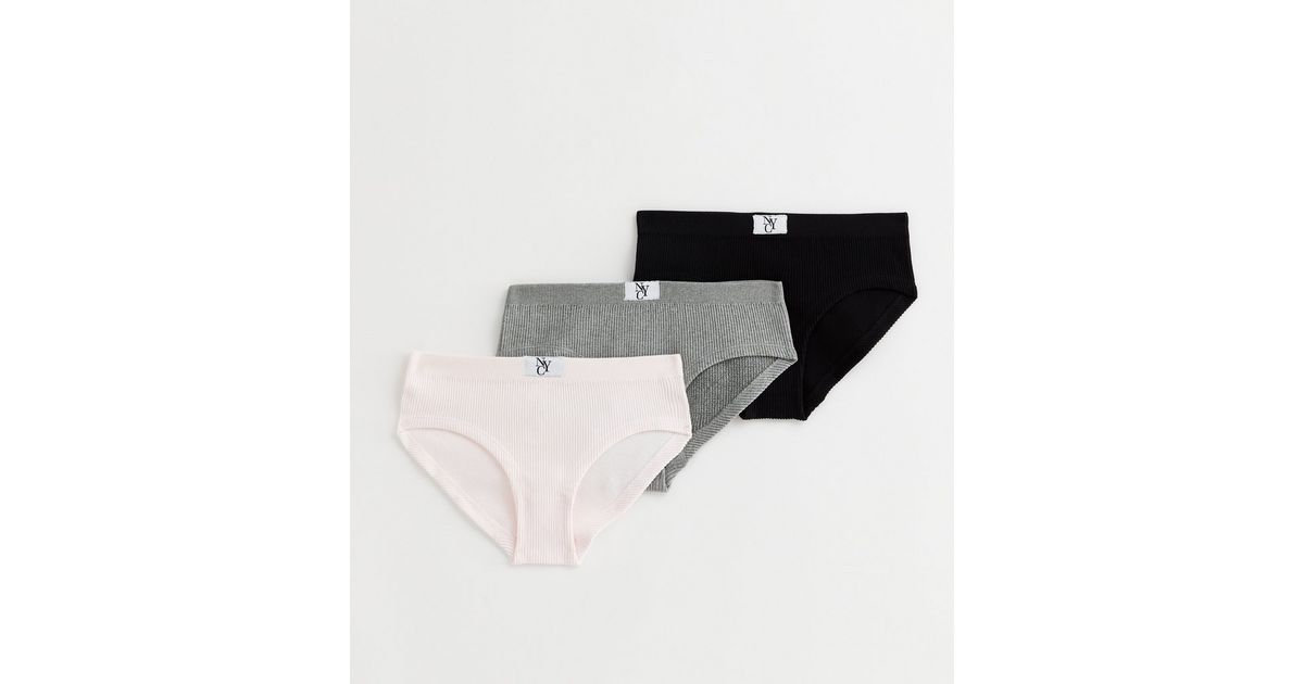 Girls 3 Pack White Grey and Black Seamless Tab Front Briefs