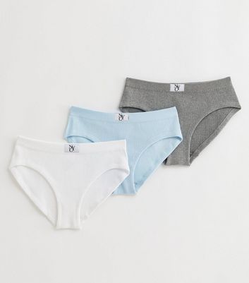 Girls 3 Pack White Grey and Blue Seamless Tab Front Briefs New Look
