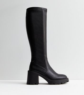 Black Leather-Look Stretch Block Heel Knee High Boots