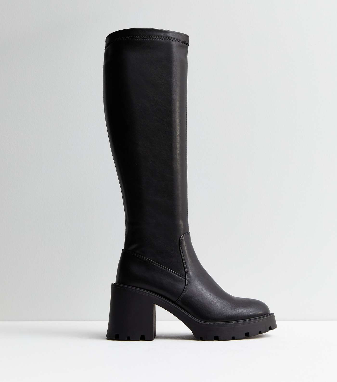 Black Leather-Look Stretch Block Heel Knee High Boots Image 3