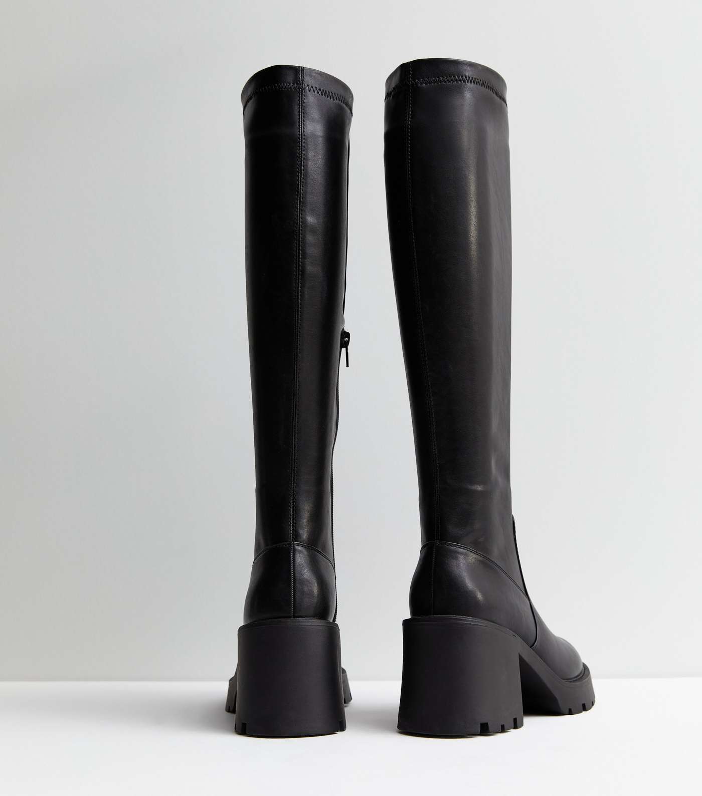 Black Leather-Look Stretch Block Heel Knee High Boots Image 5