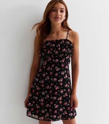 Girls Black Rose Print Chiffon Ruched Mini Dress