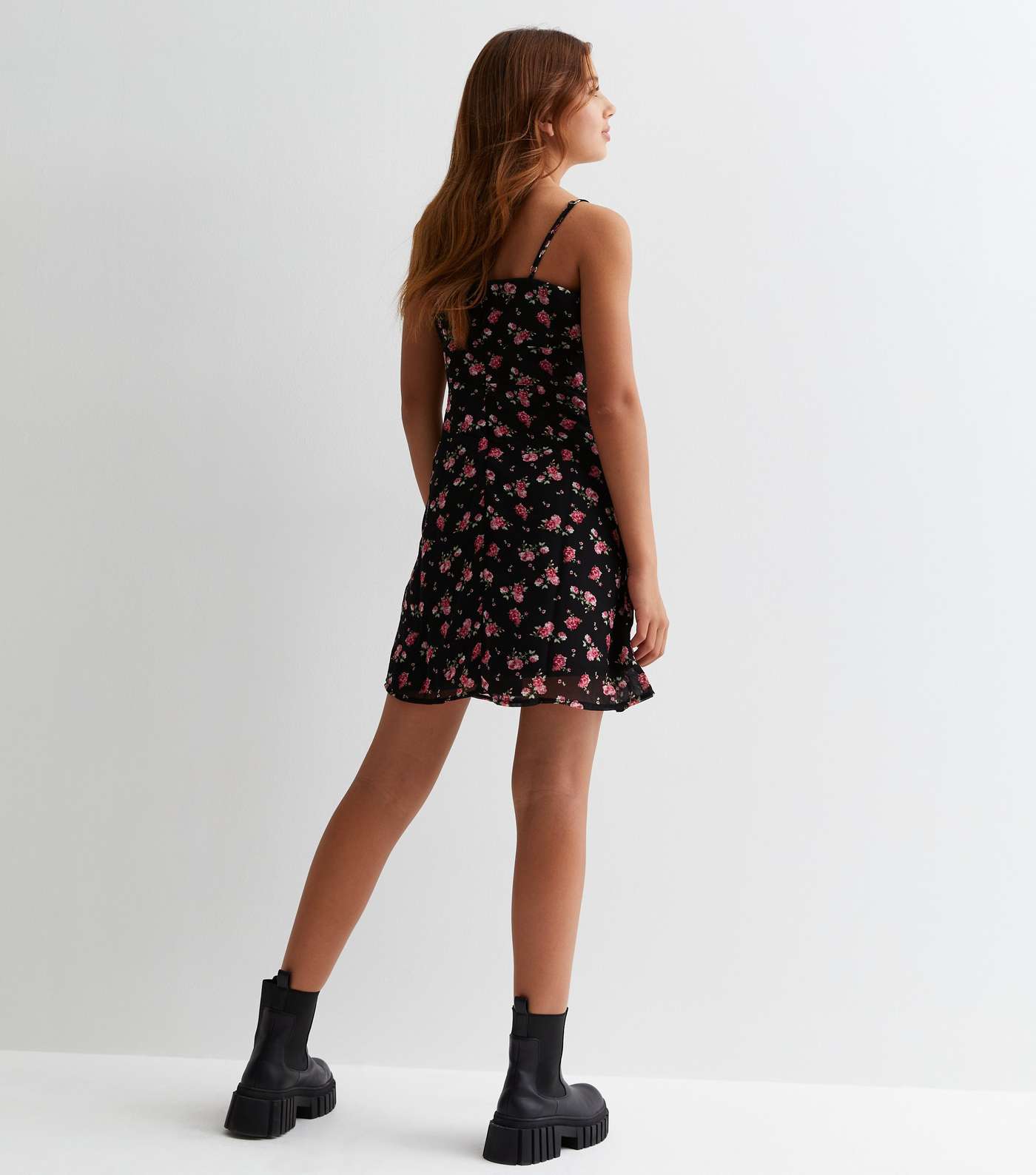 Girls Black Rose Print Chiffon Ruched Mini Dress Image 4