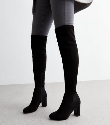 Black Suedette Over the Knee Block Heel Boots | New Look