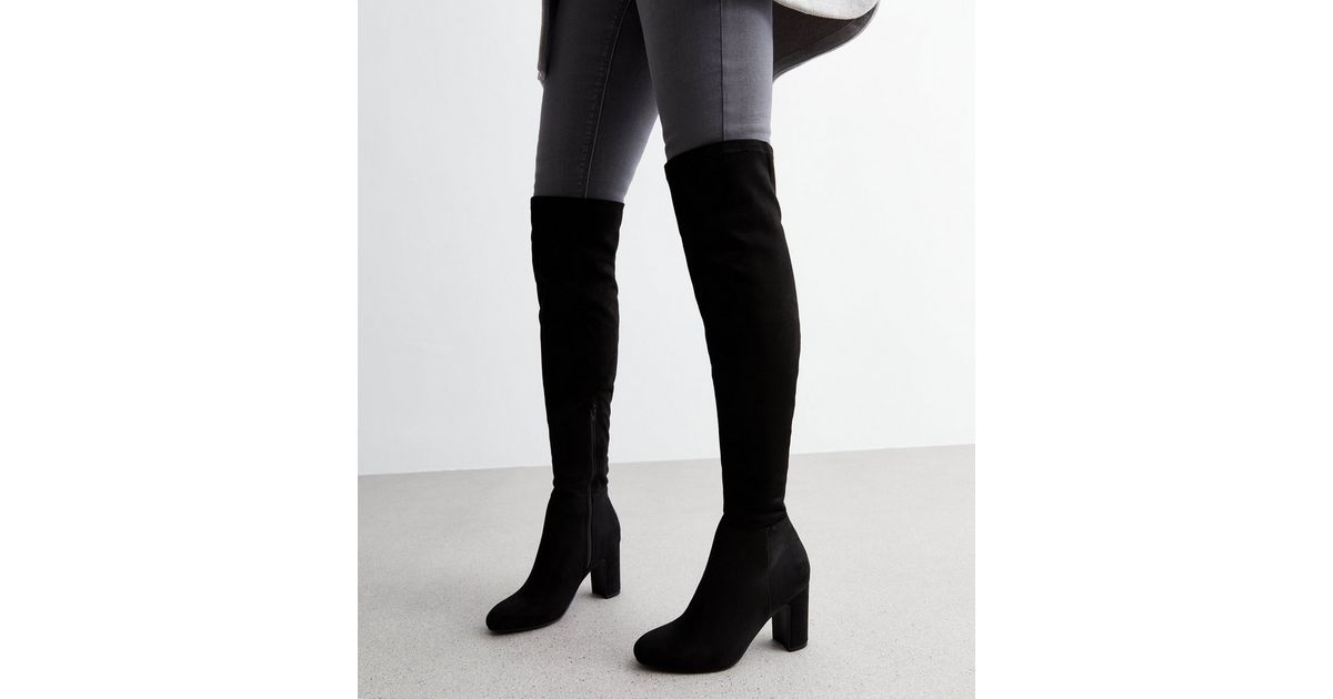Black Suedette Over the Knee Block Heel Boots New Look