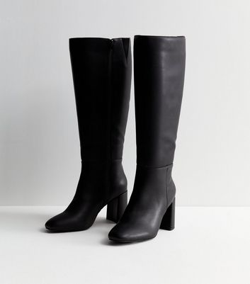 Black Leather-Look Stretch Block Heel Knee High Boots | New Look