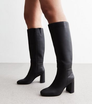Black Leather-Look Stretch Block Heel Knee High Boots New Look