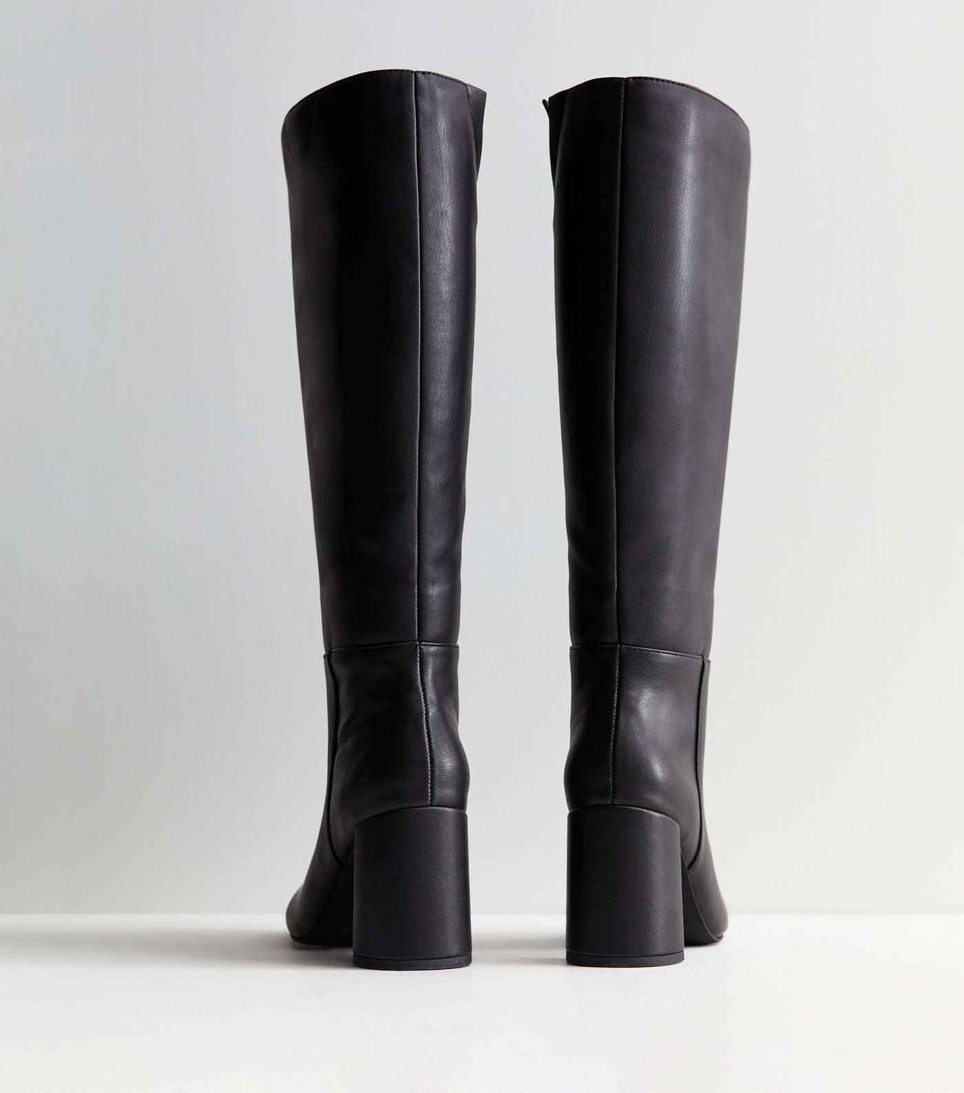 Black Leather-Look Stretch Block Heel Knee High Boots Image 4