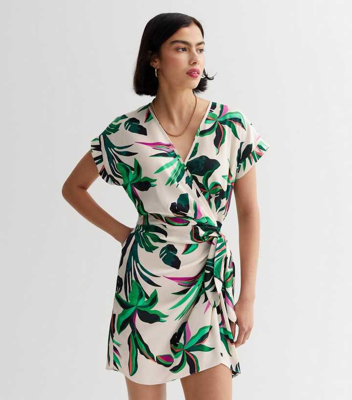 Green Tropical Print Satin Wrap Mini Dress | New Look