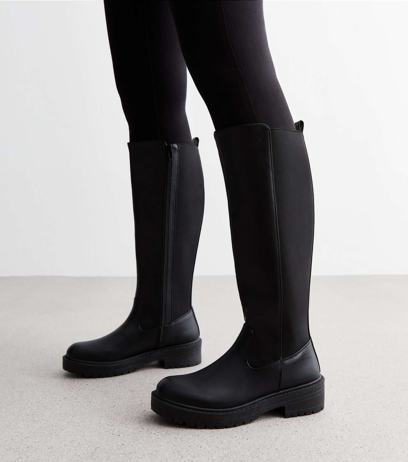 Wide Fit Black Chunky Knee High Boots Image 2