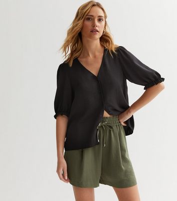 Black Frill Sleeve Button Front Blouse New Look