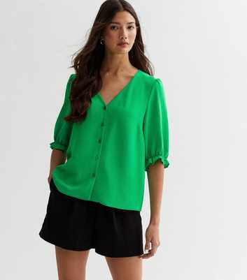 Green Frill Sleeve Button Front Blouse