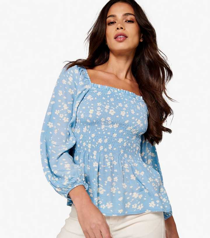 Apricot Pale Blue Ditsy Floral Square Neck Top