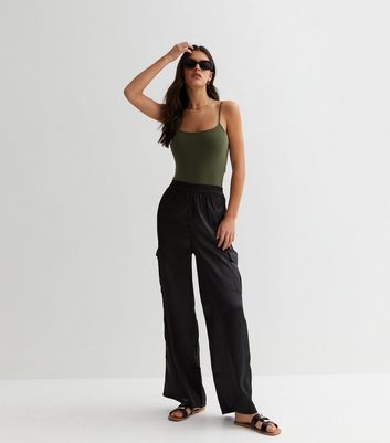 Black Satin Cargo Trousers | New Look