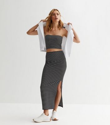 Black Stripe Midaxi Split Hem Bodycon Skirt