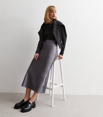 Dark Grey Satin Midaxi Skirt New Look