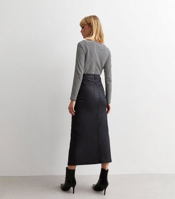 Black Coated Split Hem Midaxi Skirt New Look