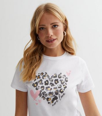 White Cotton Leopard Heart Logo T-Shirt | New Look