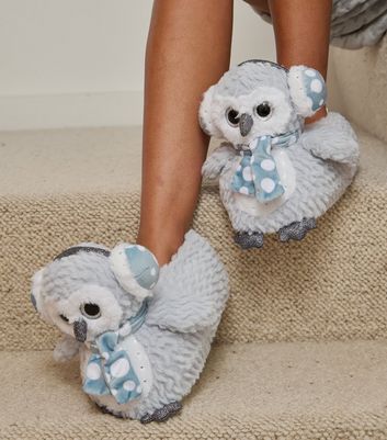 Loungeable Grey Faux Fur Owl Slippers New Look