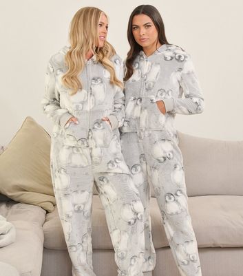 Loungeable Light Grey Fleece Penguin Onesie New Look