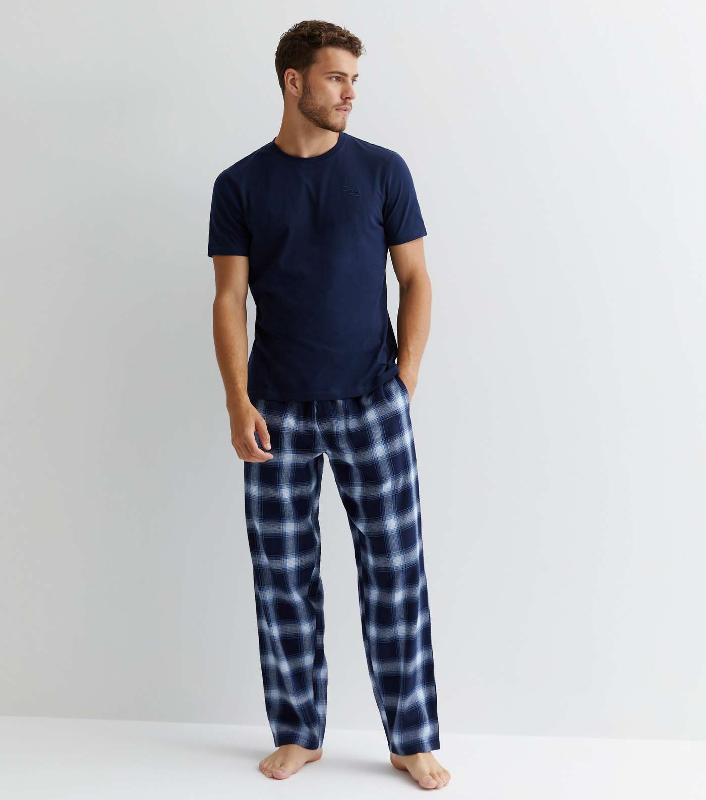 Navy Cotton Jogger Pyjama Set with Check Print | New Look