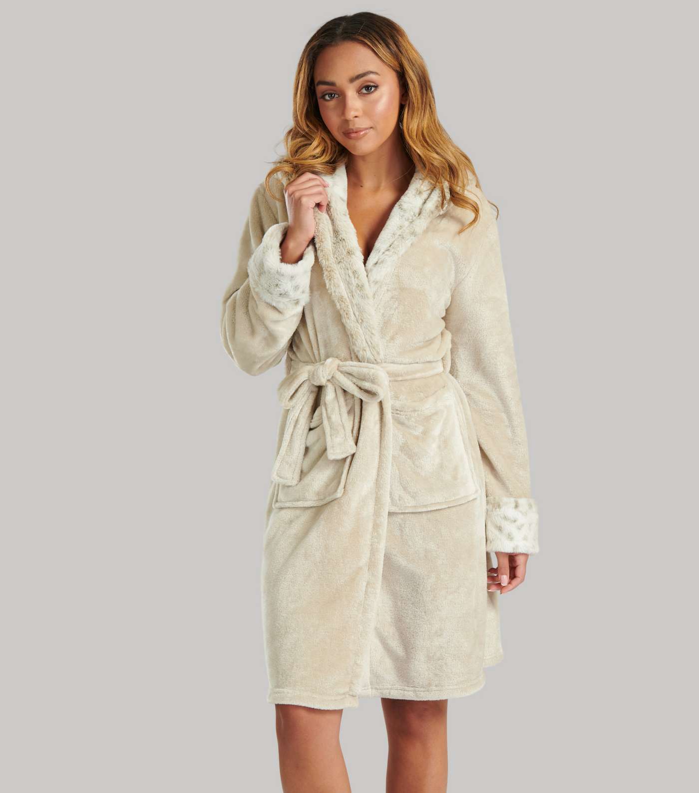 Loungeable Cream Faux Fur Hooded Fleece Dressing Gown  Image 4
