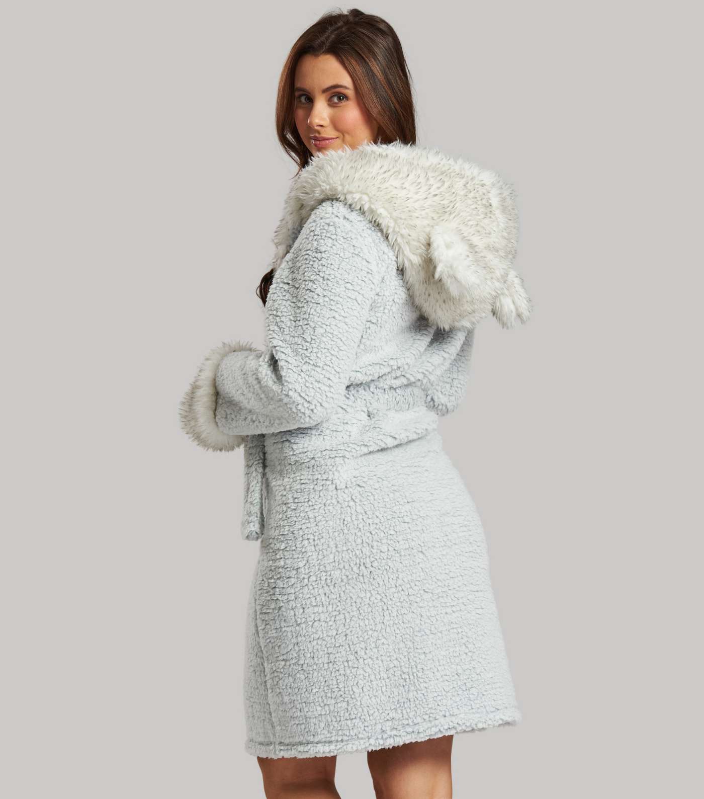 Loungeable Pale Grey Fleece Faux Fur Trim Dressing Gown Image 4