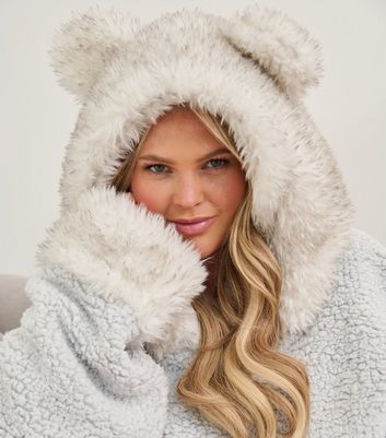 Loungeable Pale Grey Faux Fur Ear Hood Dressing Gown New Look