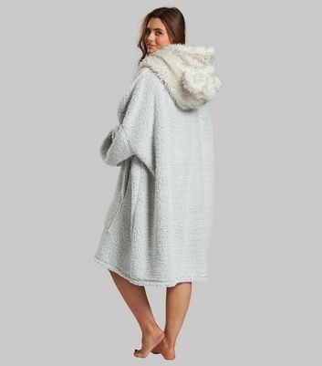Loungeable Pale Grey Faux Fur Ear Hood Dressing Gown New Look