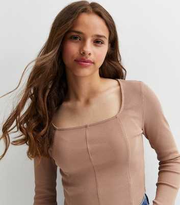 Girls Light Brown Ribbed Square Neck Corset Top