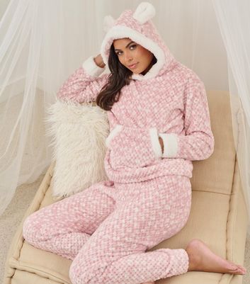 Loungeable Pink Waffle Ear Hooded Trouser Pyjama Set New Look