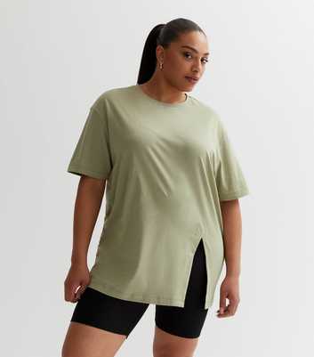 Curves Khaki Split Hem T-Shirt